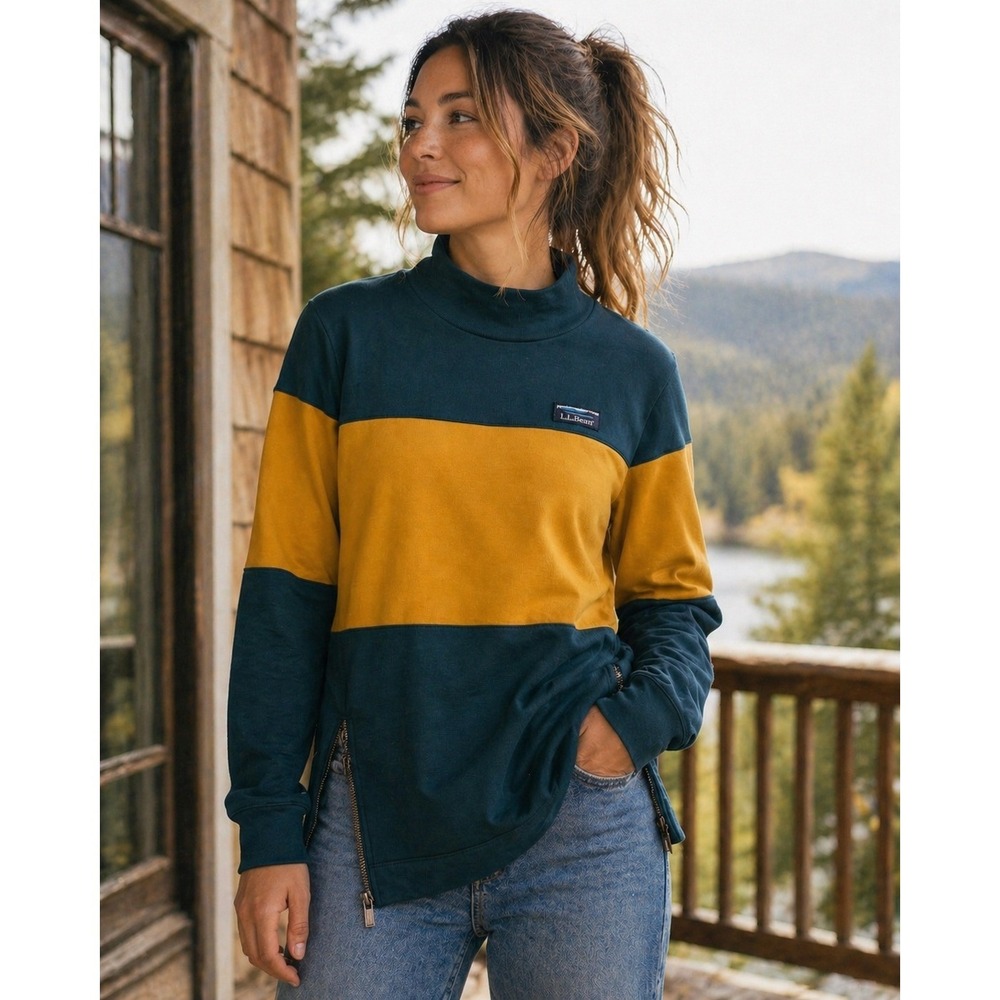 LL Bean Colorblock Mock Neck Rugby Side Zip Pullover Sweatshirt Teal Yellow Sz S